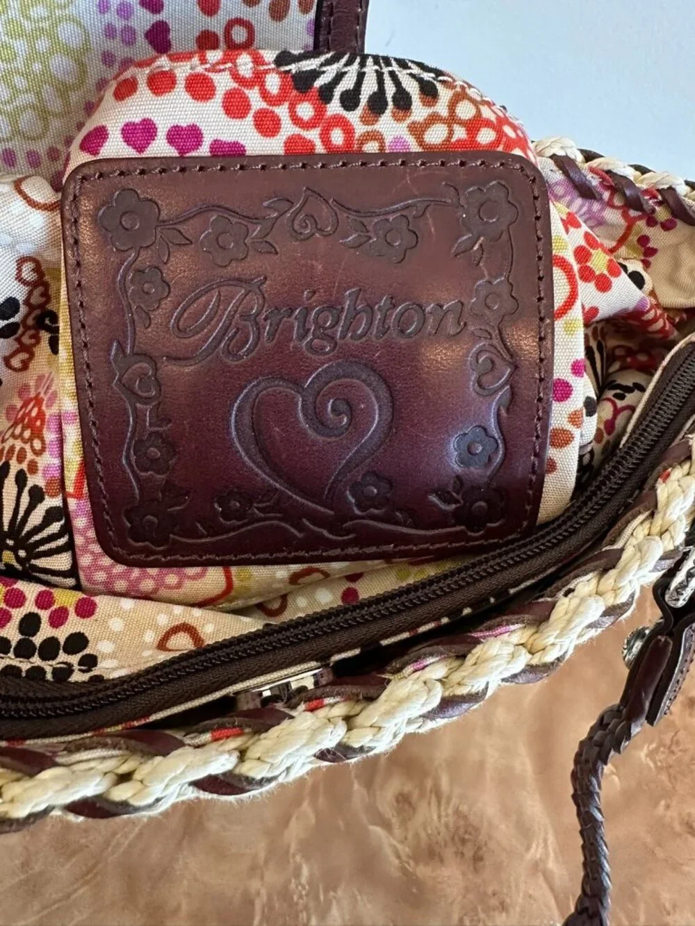 Brighton Peggy Straw Leather Tote Woven Basket Floral Trim Charm Bag - Picture 10 of 10